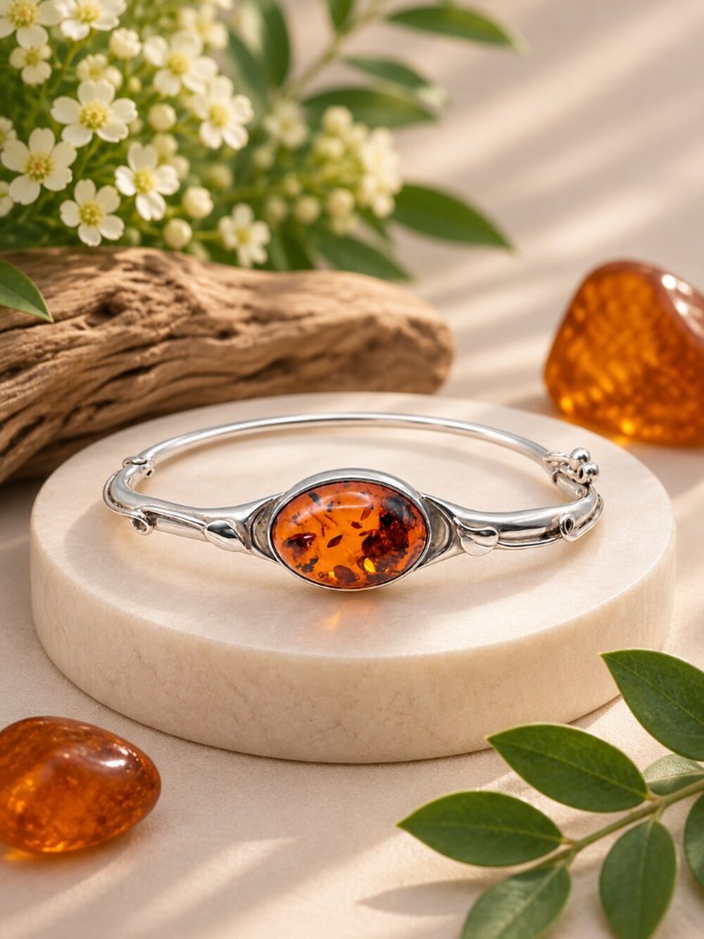 Sterling Silver Baltic Amber Bangle Bracelet Genuine Warm Yellow Honey Jewelry